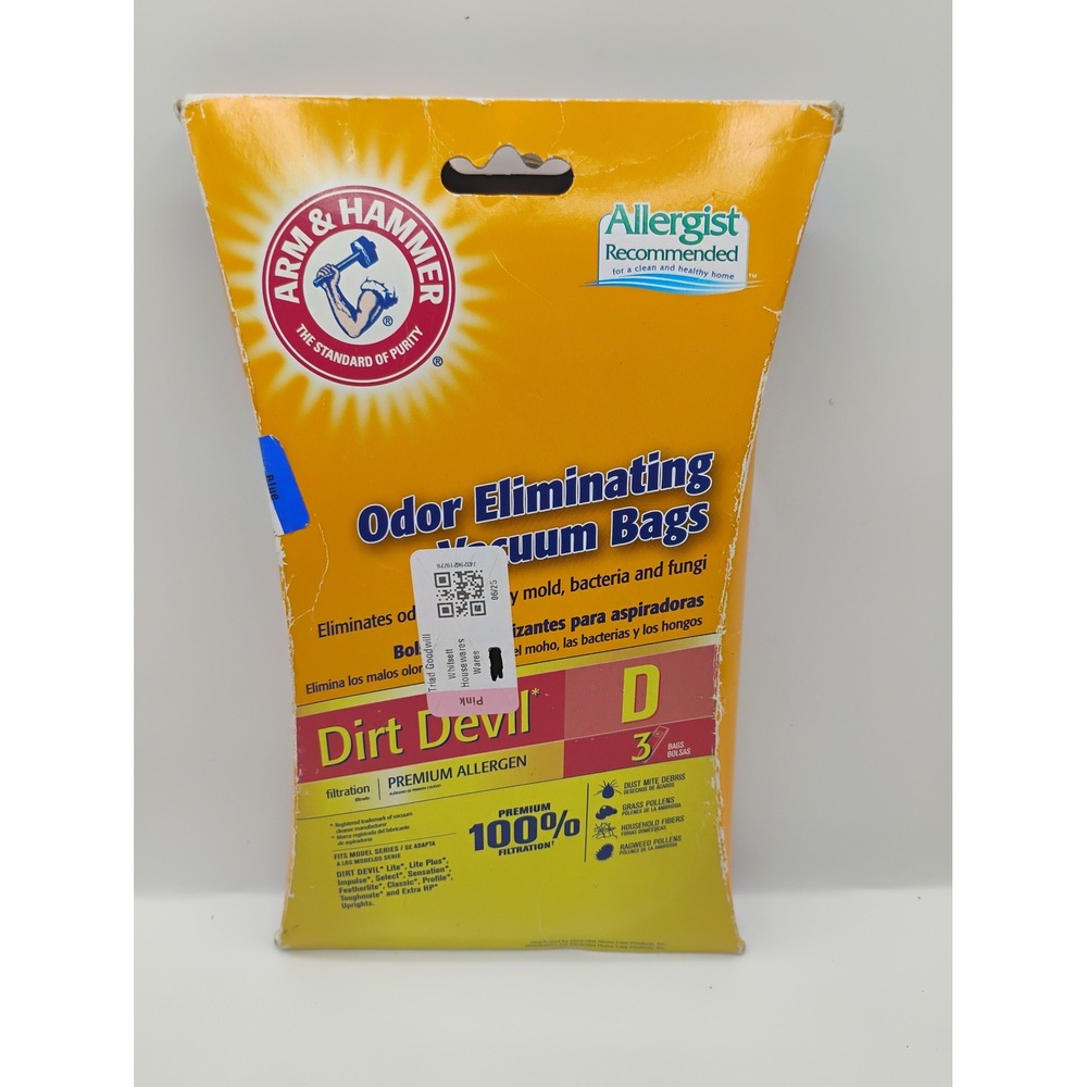 Arm & Hammer Vacuum Bags Dirt Devil Type D 3pk Yellow New Odor Eliminating